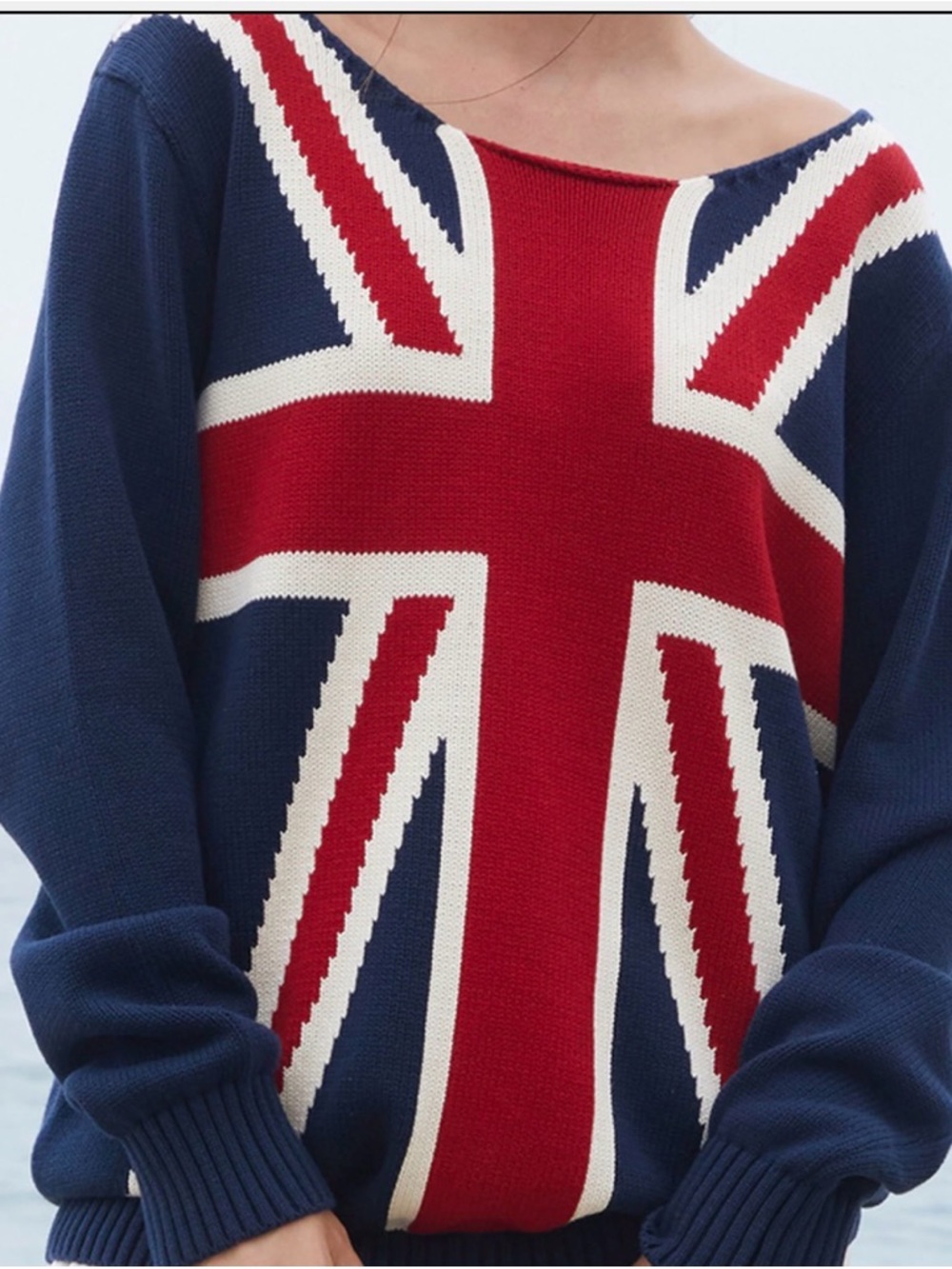 Brandy Melville Off-Shoulder Union Jack Sweater in Navy, Red, White